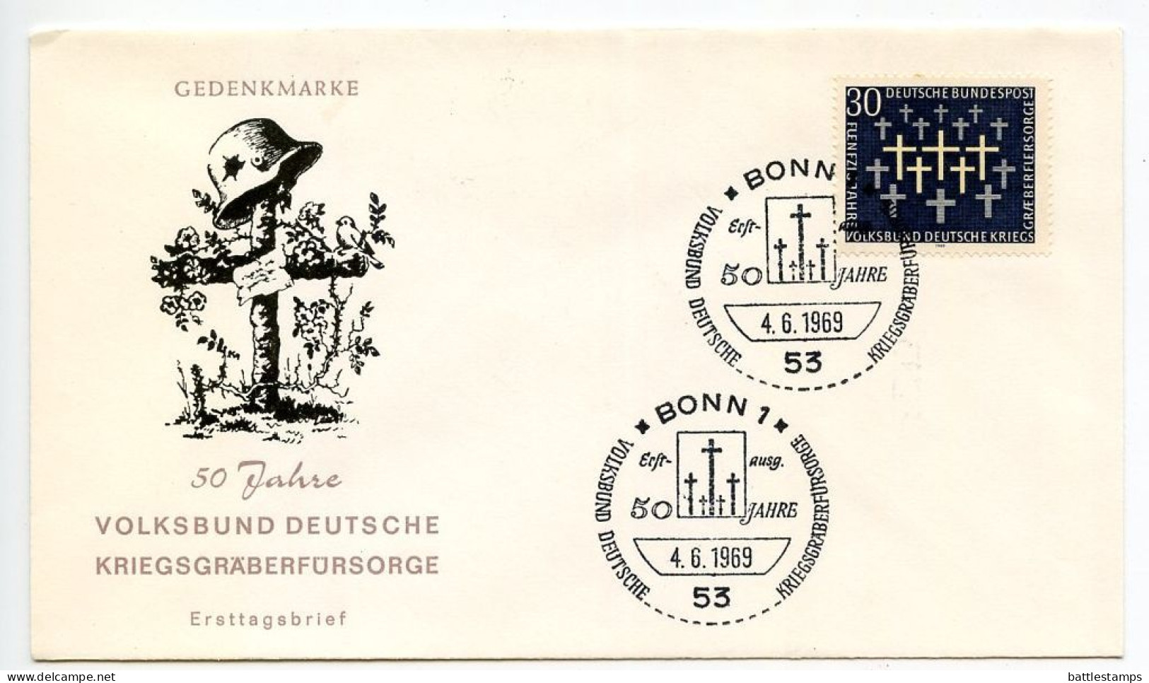 Germany, West 1969 FDC Scott 999 German War Graves Commission 50th Anniversary - 1961-1970