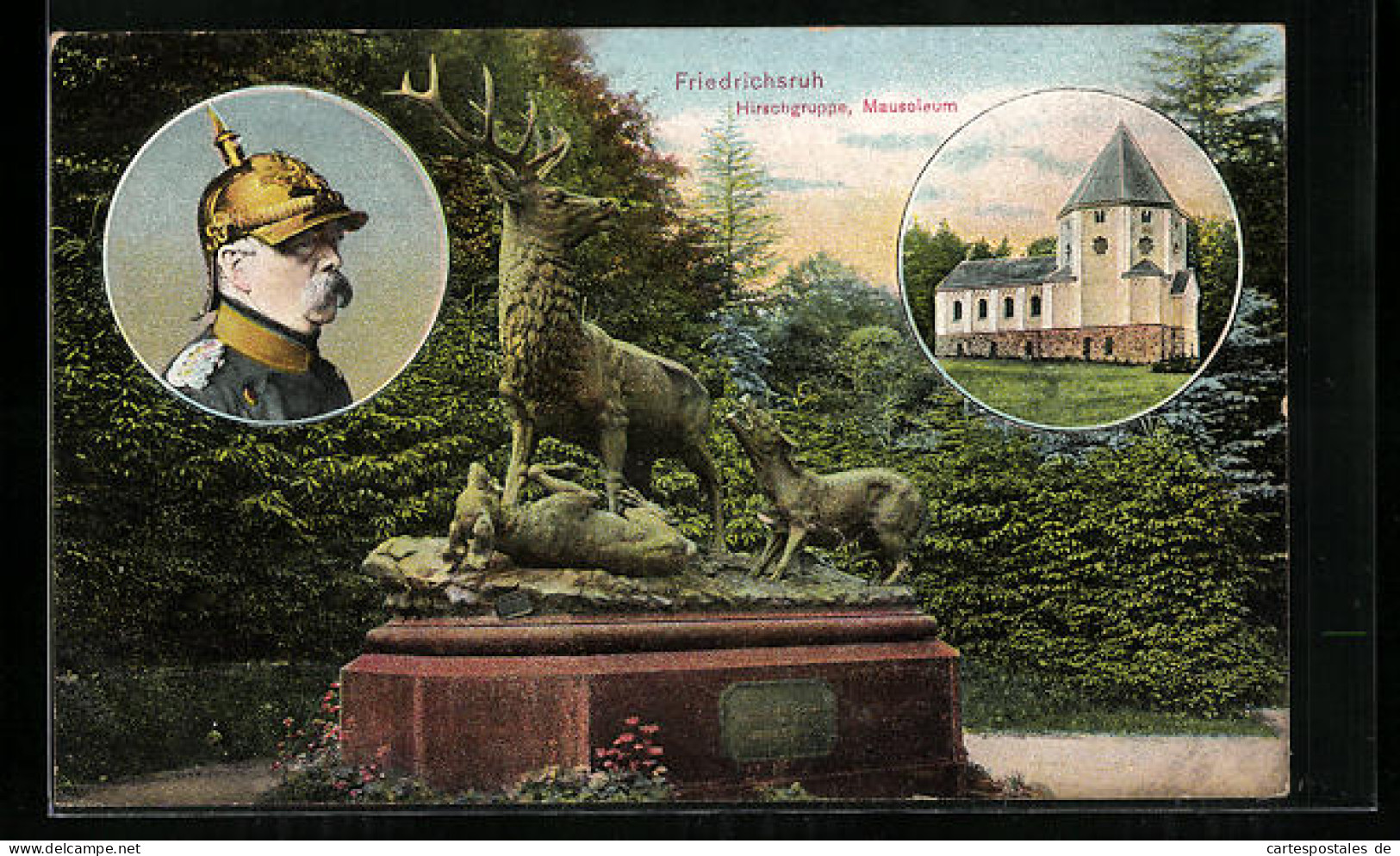 AK Friedrichsruh, Fürst Bismarck In Uniform, Porträt, Hirschgruppe Und Mausoleum  - Historical Famous People
