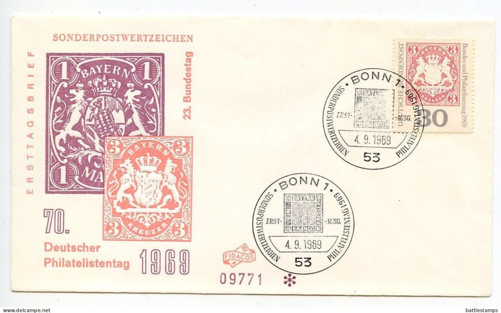 Germany, West 1969 FDC Scott 1008 70th Philatelist's Day & Bavarian Stamps Exhibition - 1961-1970