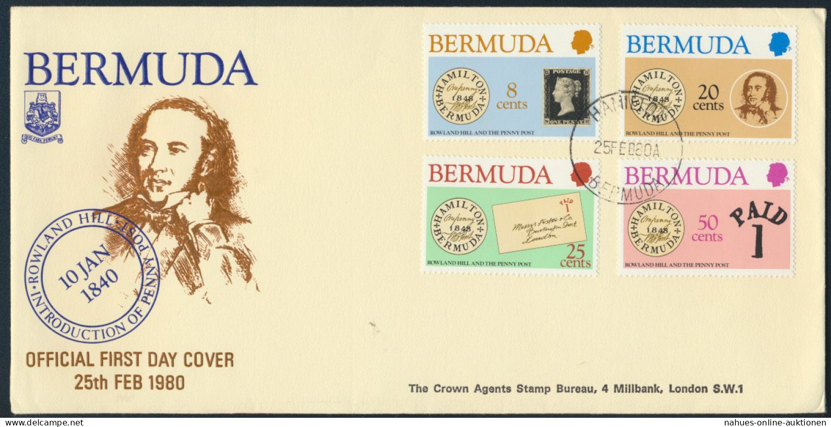 Bermuda Ersttagsbrief MIF 378-381 Hamilton Sir Rowland Hill Penny Post 25.2.1980 - Bermuda