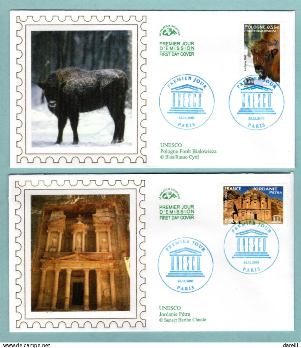 FDC France 2005 - Unesco 2005 - Bison D'Europe : YT 132 Et Monument Du Deir à Pétra (Jordanie) : YT 133 - Paris - 2000-2009