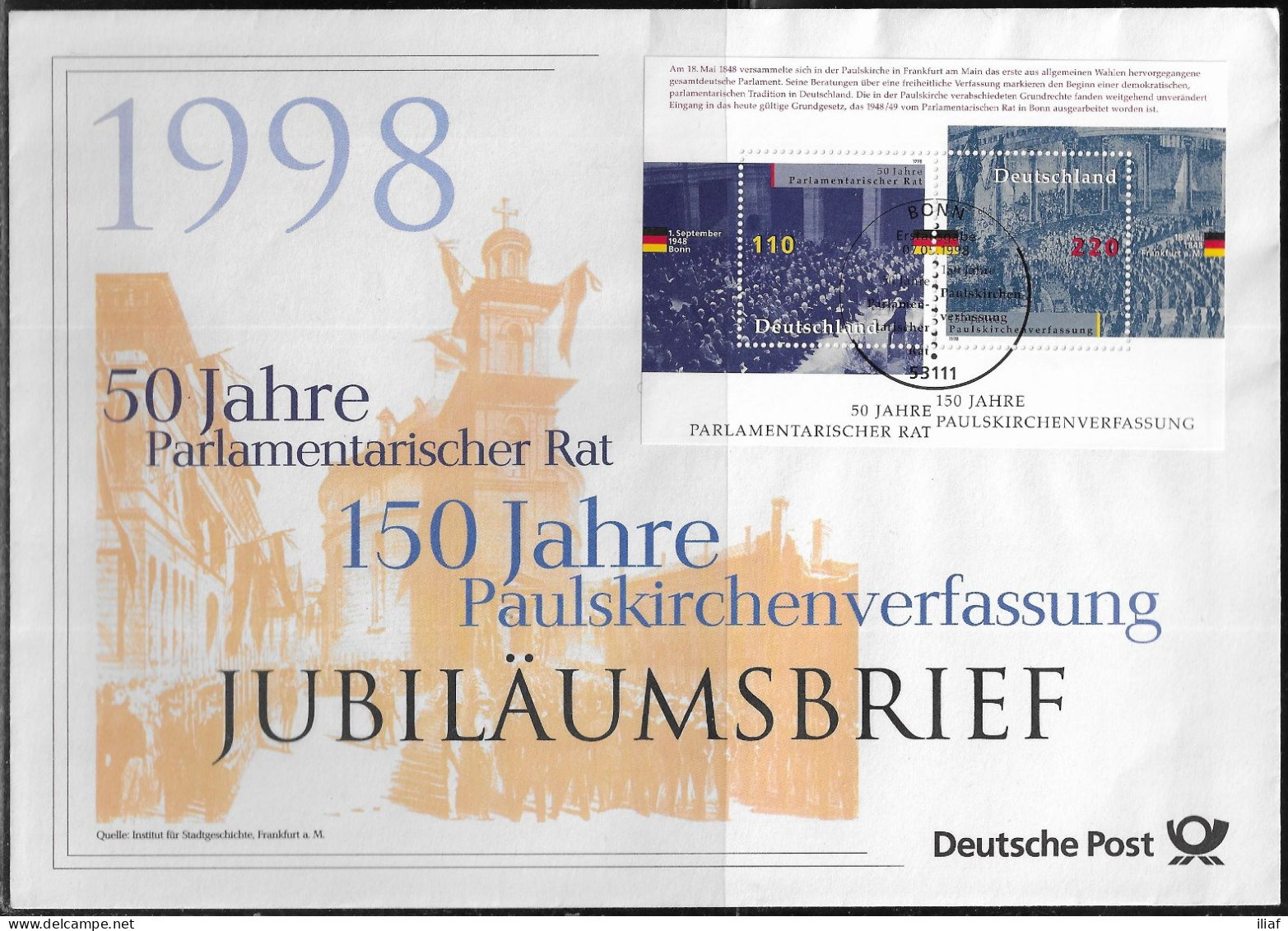 Germany. FDC Mi. BL43. Souvenir Sheet.  50 Years Of Parliamentary Council: 150 Years - Constitution Of St. Paul's Church - 1991-2000