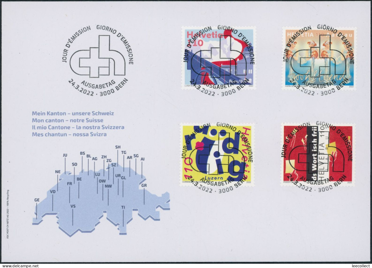 Suisse - 2022 - Kanton - Schweiz - Ersttagsbrief FDC ET - Ersttag Voll Stempel - Briefe U. Dokumente