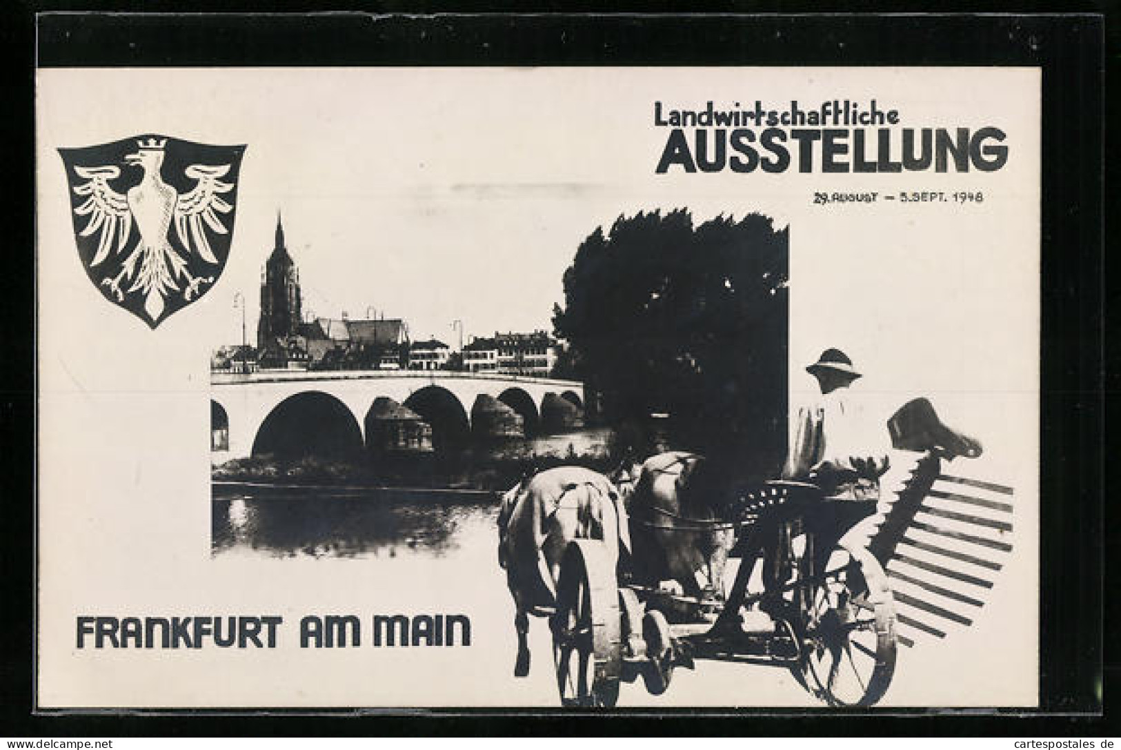 Passepartout-AK Frankfurt Am Main, Landwirtschaftliche Ausstellung 1948, Partie An Der Brücke, Bauer Mit Pferdegespann  - Esposizioni