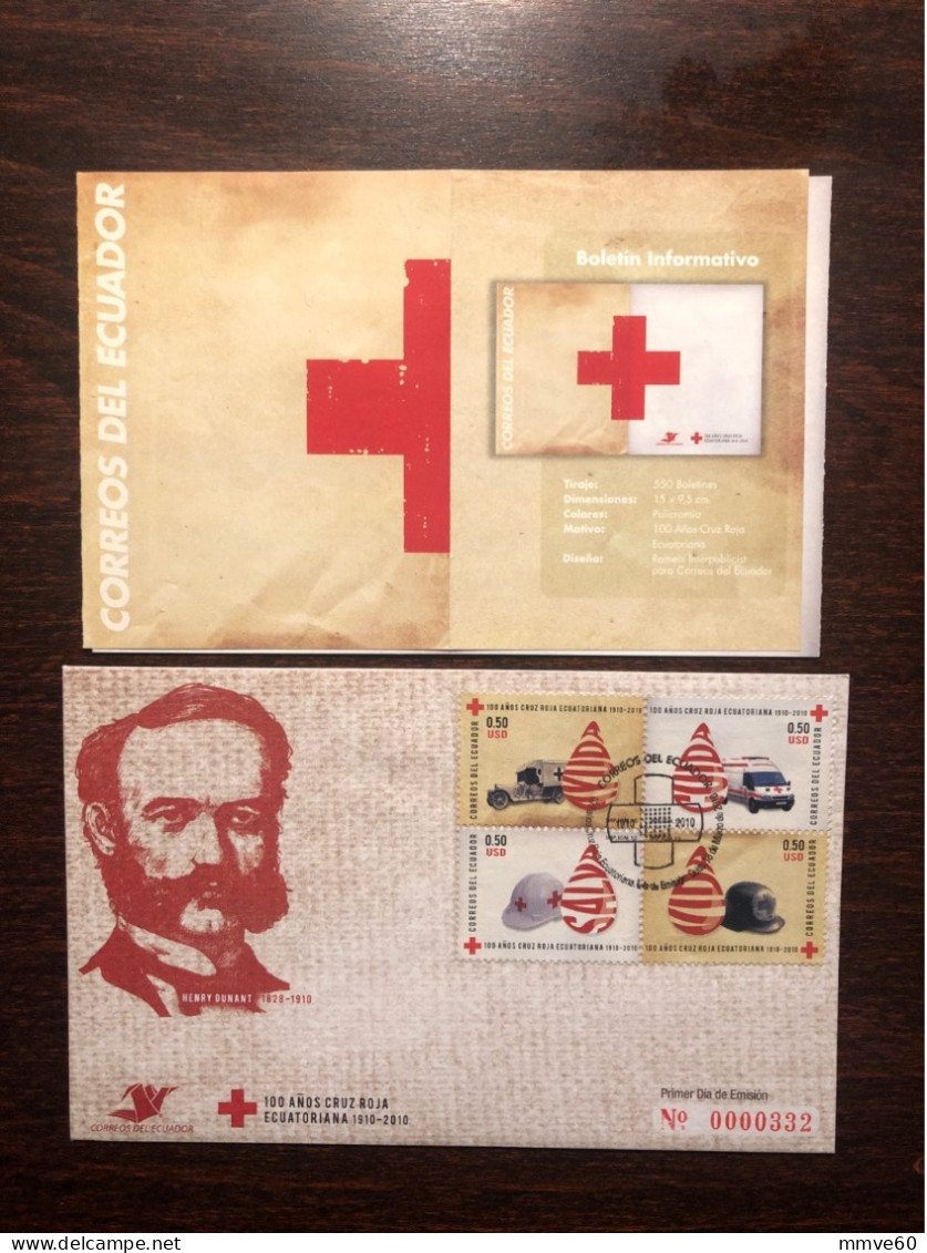 ECUADOR FDC COVER 2010 YEAR RED CROSS DUNANT HEALTH MEDICINE STAMPS - Ecuador