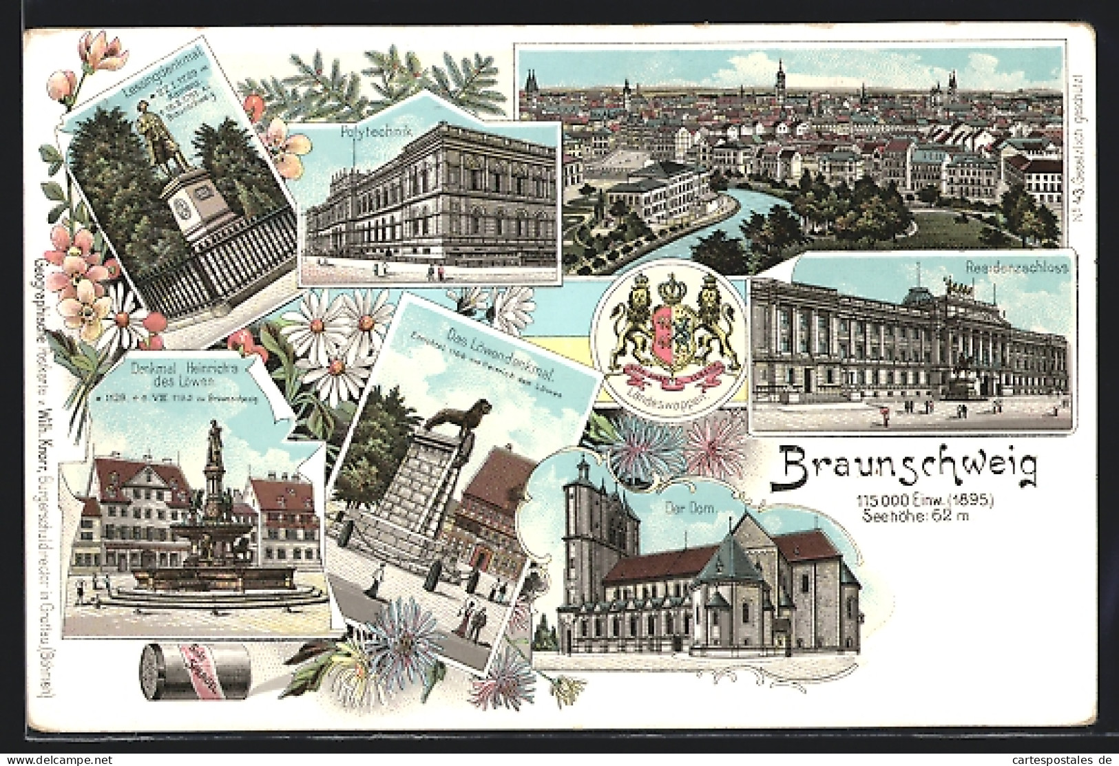 Lithographie Braunschweig, Polytechnikum, Dom, Löwendenkmal, Lessingdenkmal  - Braunschweig