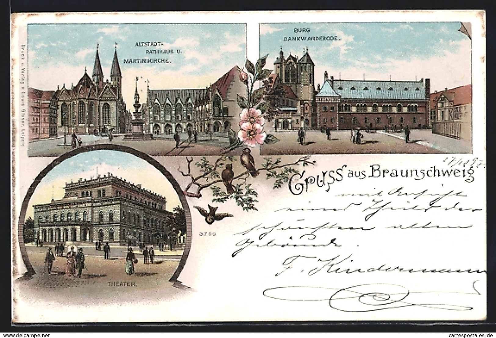 Lithographie Braunschweig, Burg Dankwarderode, Altstadt Mit Rathaus Und Martinikirche, Theater  - Theater