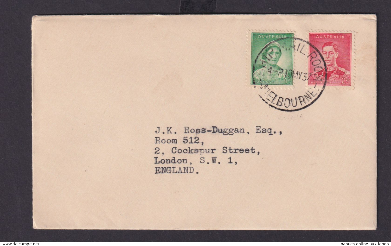 Australien Brief MIF K1 SHIP MAIL ROOM MELBOURNE London Goßbritannien 1937 - Sammlungen