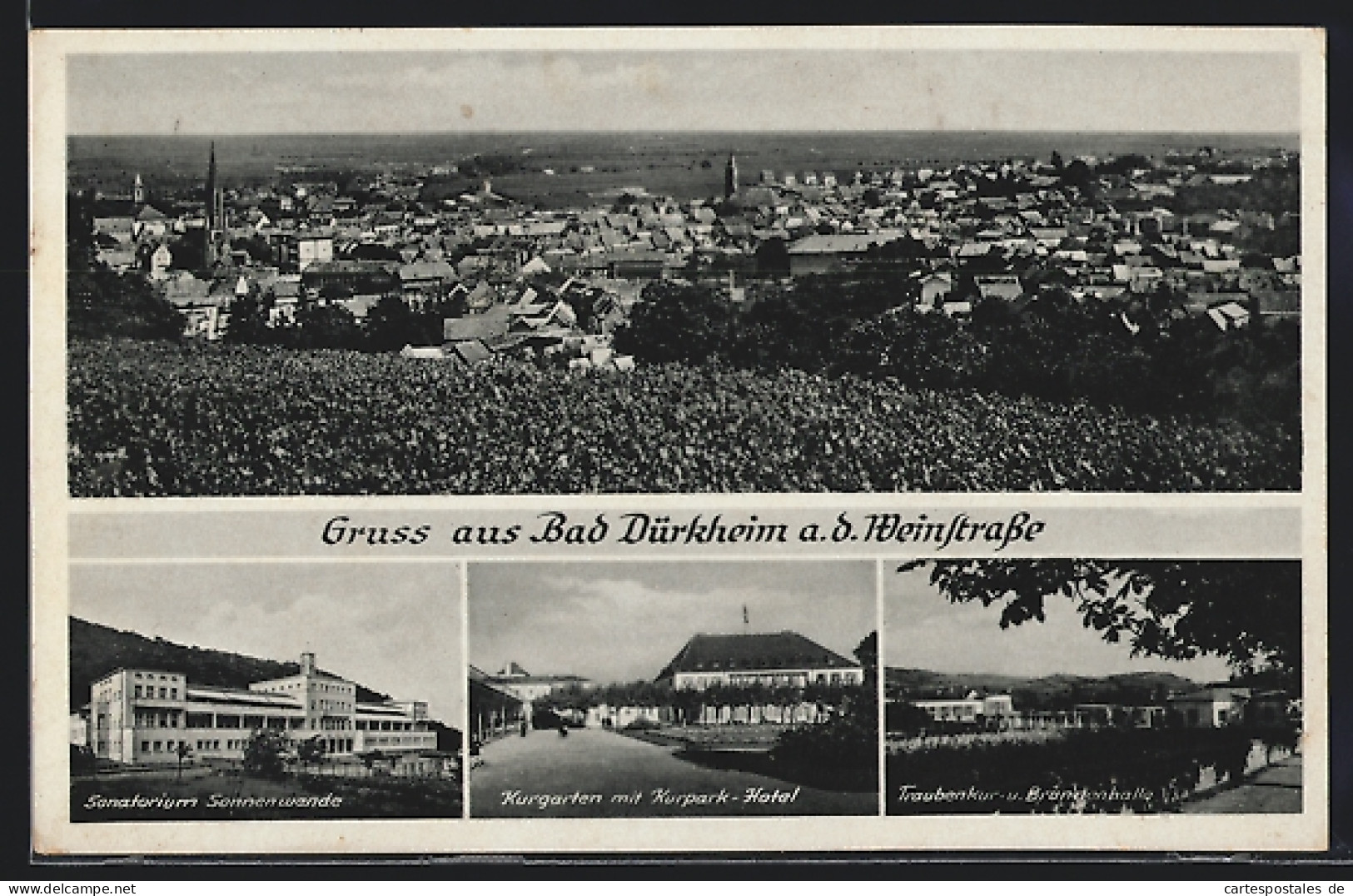 AK Bad Dürkheim A. D. Weinstrasse, Gesamtansicht, Sanatorium Sennenwende & Traubenkur M. Brunnenhalle  - Bad Duerkheim