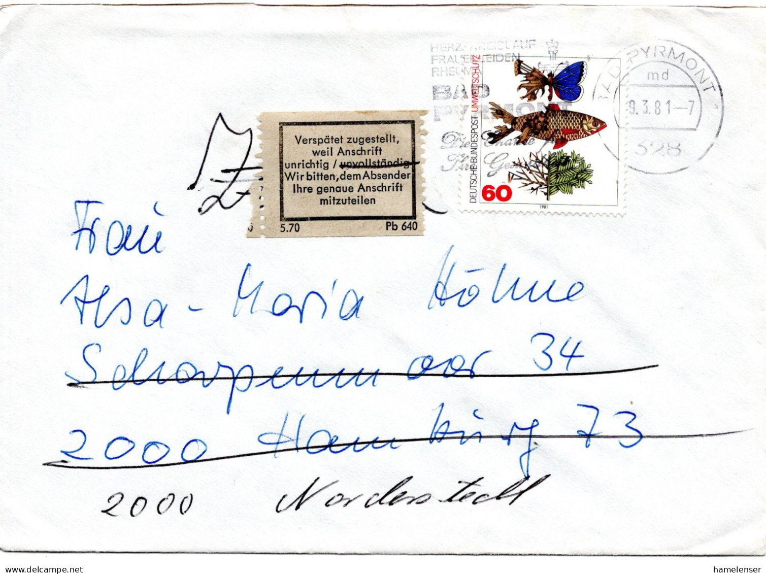 76508 - Bund - 1981 - 60Pfg Umweltschutz EF A Bf BAD PYRMONT - ... -> Hamburg, Adresse Korrigiert, M Amtl Aufkleber - Storia Postale