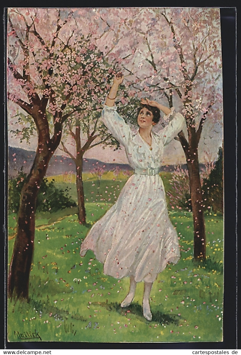 Künstler-AK Alfred Mailick: Blütenschnee, Junge Dame Unter Blühenden Bäumen  - Mailick, Alfred