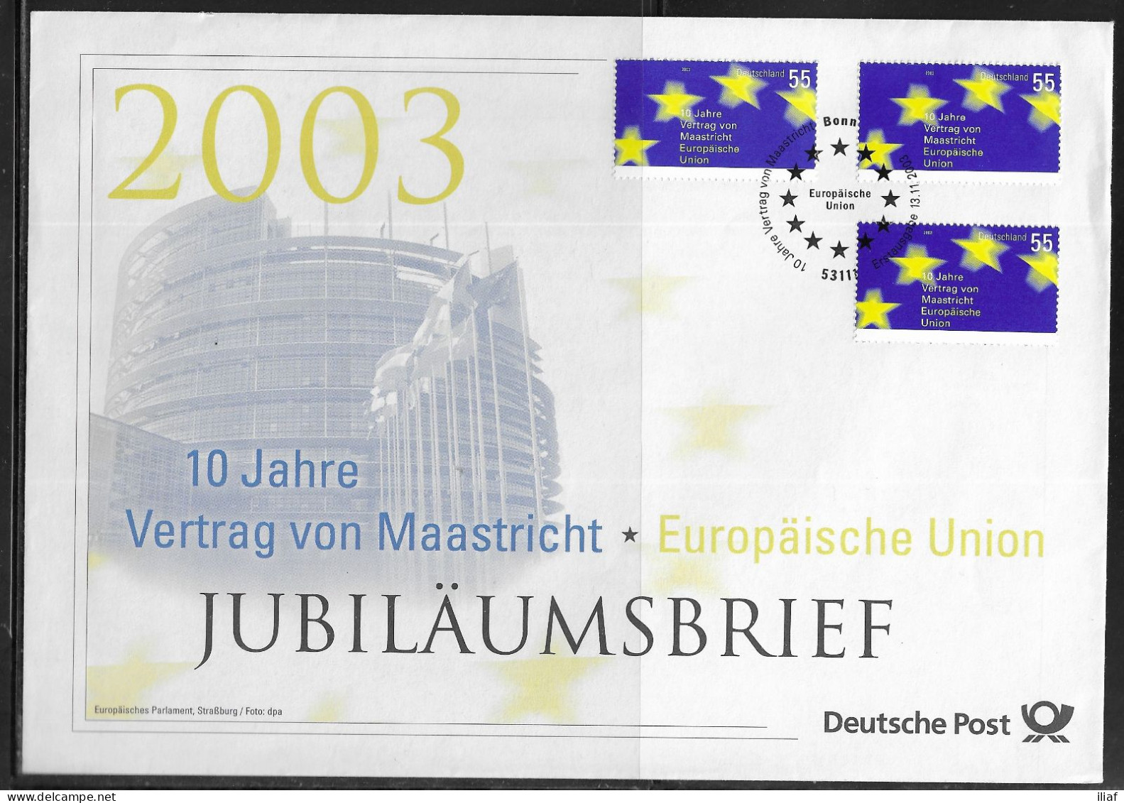 Germany. FDC Mi. 2373.  Tenth Anniversary Of Maastricht Treaty. Stars. FDC Cancellation On Big Cachet Envelope - 2001-2010