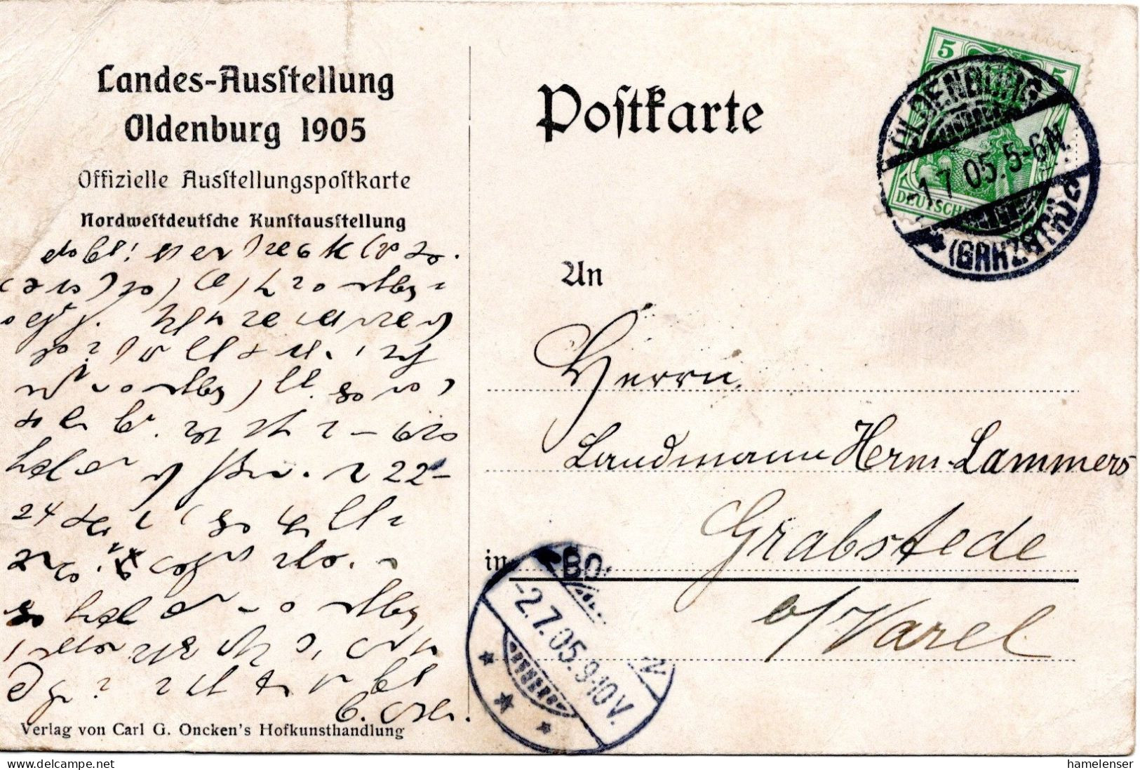 76516 - Deutsches Reich - 1905 - 5Pfg Germania A AnsKte OLDENBURG -> BOCKHORN, Le Senkr Bug - Briefe U. Dokumente