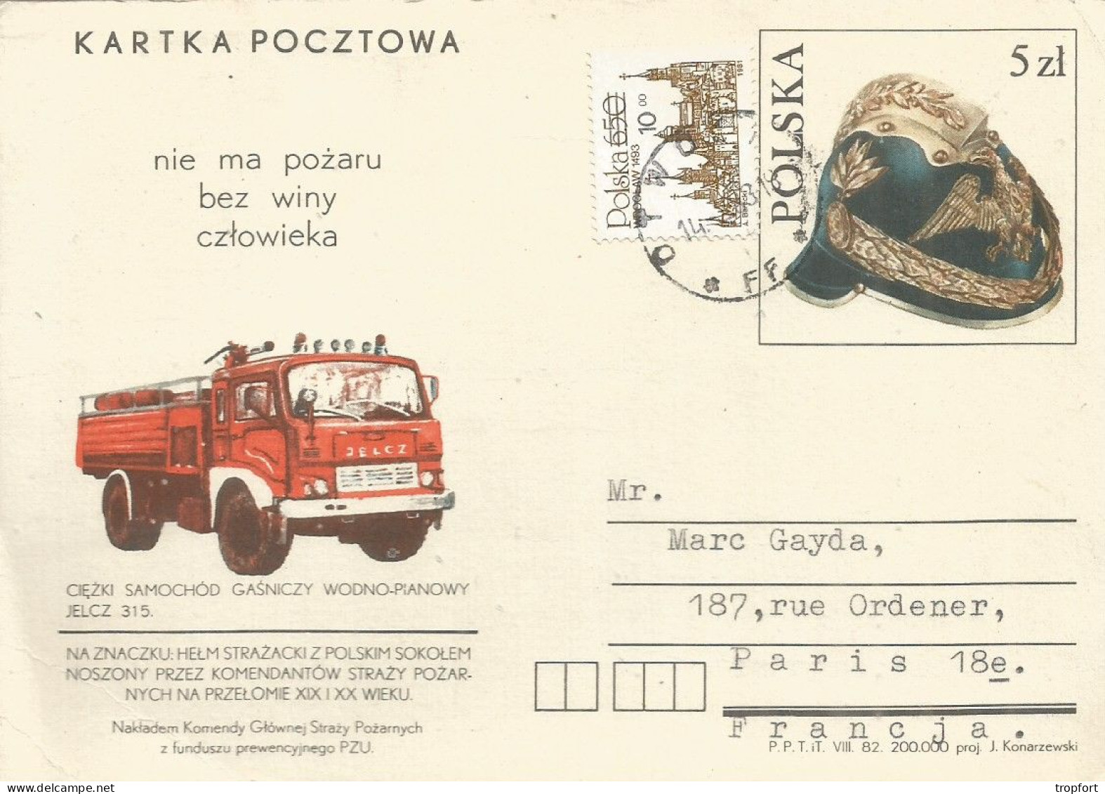 Carte ANCIENNE 1983 VARSOVIE  Theme Pompier Pologne Rue ORDENER Paris - Sapeurs-Pompiers