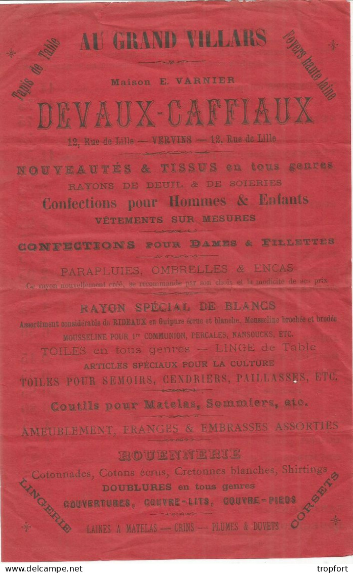 Affichette Publicitaire  DEVAUX CAFFIAUX   AU GRAND VILLARS Vêtements Mode Tissus Vervins AISNE 02  RUE DE LILLE - Advertising