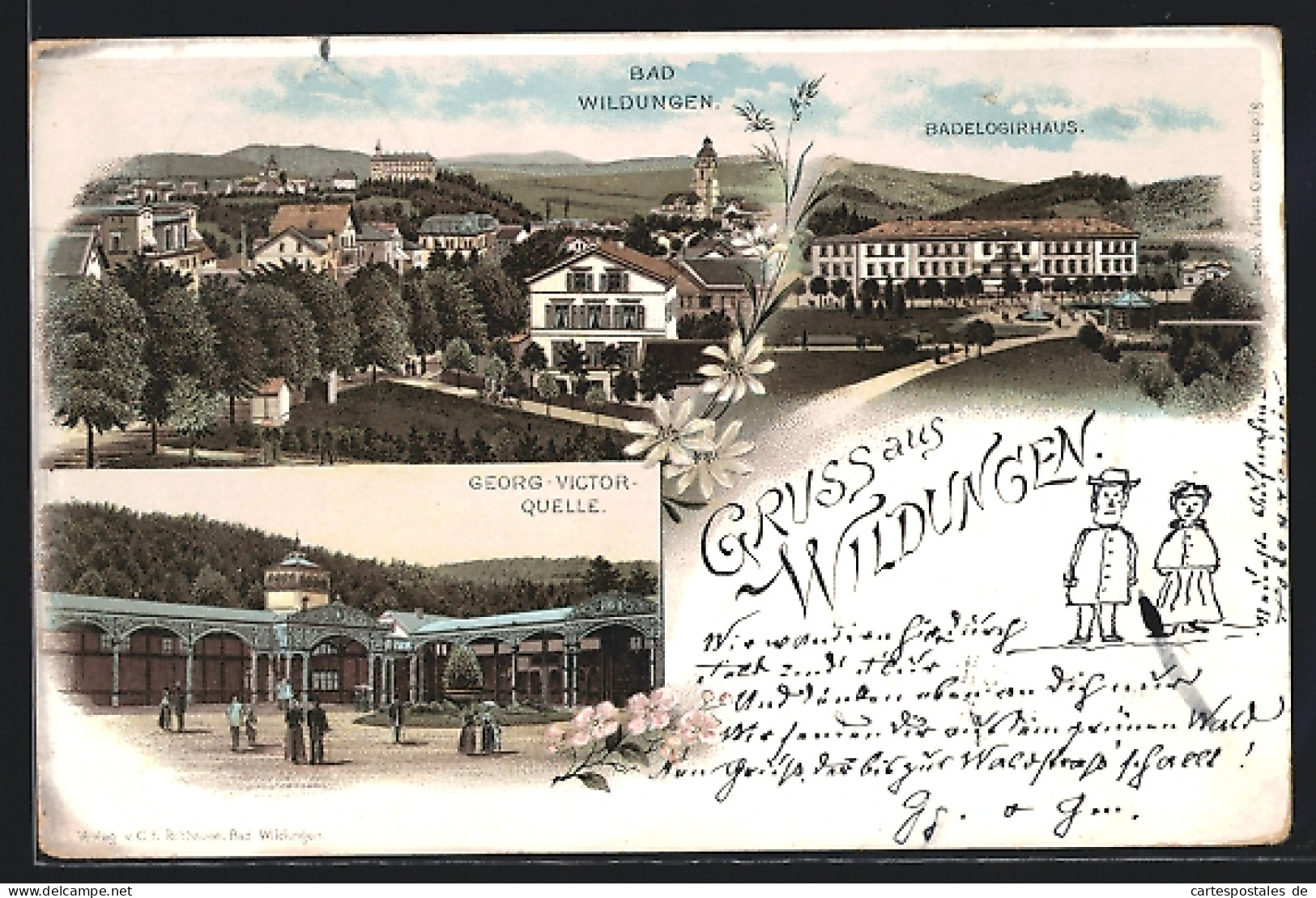 Lithographie Wildungen, Badelogirhaus, Georg-Victor-Quelle, Panorama  - Bad Wildungen