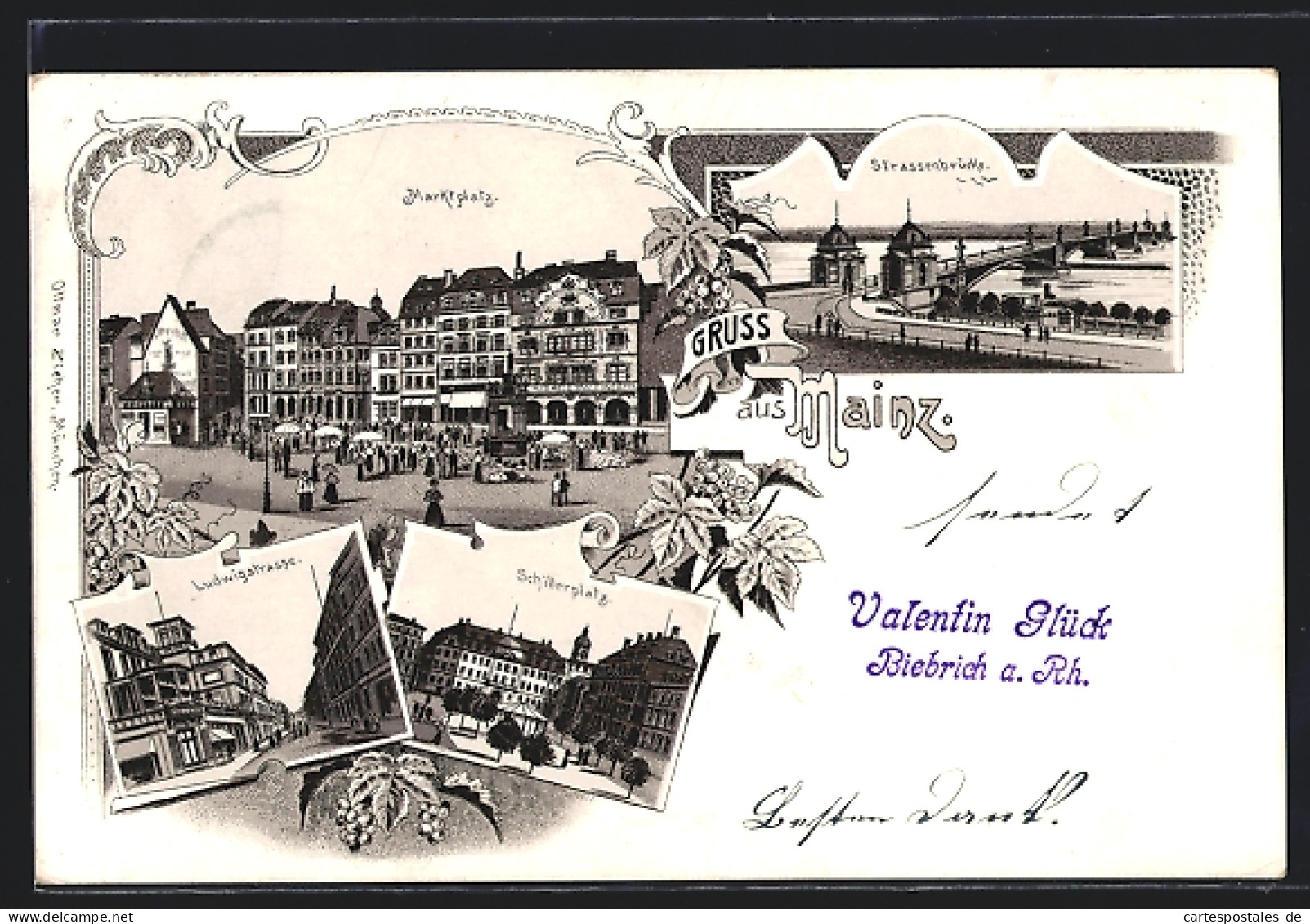 Lithographie Mainz, Ludwigstrasse, Strassenbrücke, Marktplatz  - Mainz