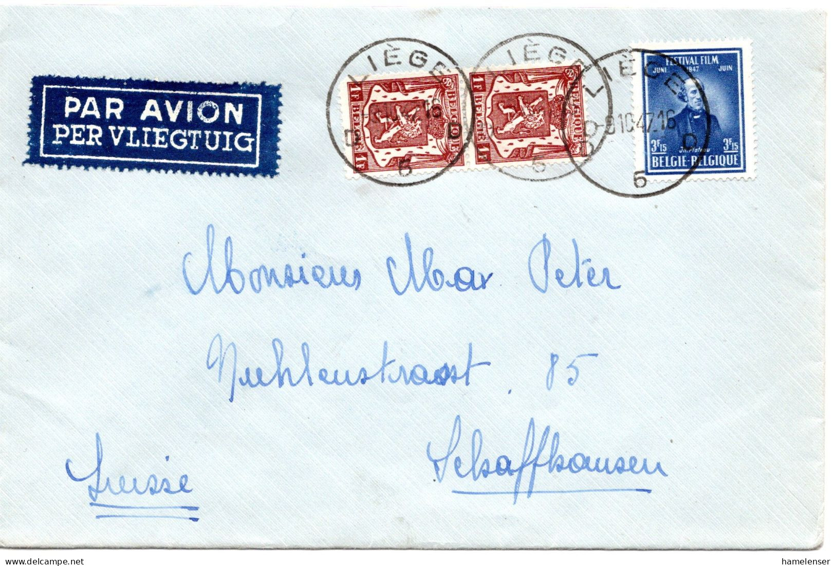 76521 - Belgien - 1947 - 3,15F Filmfestival MiF A LpBf LIEGE -> Schweiz - Lettres & Documents