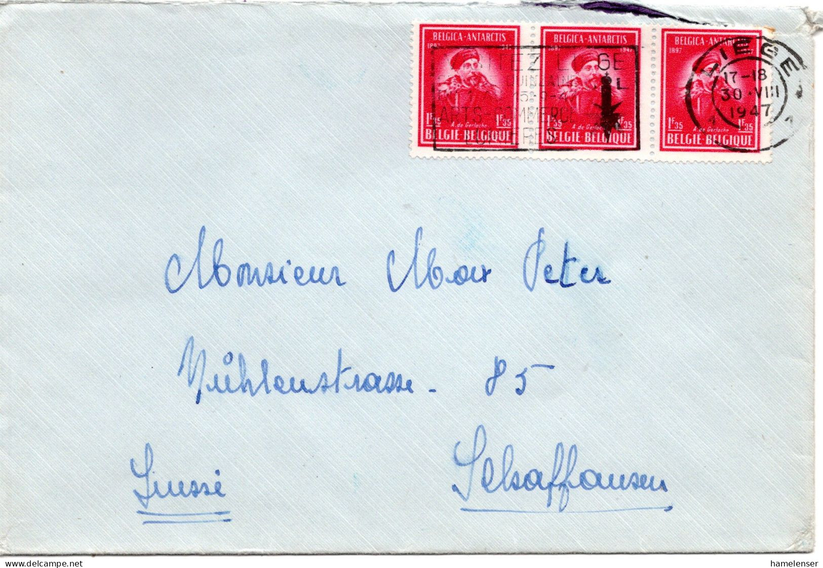 76523 - Belgien - 1947 - 3@1,35F Antarctis A Bf LIEGE - ... -> Schweiz - Lettres & Documents