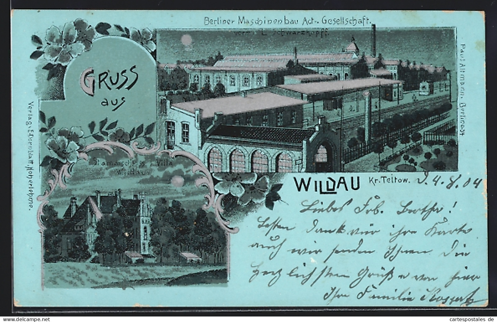 Mondschein-Lithographie Wildau, Berliner Maschinenbau AG Vorm. Schwarzkopff, Stammschloss & Villa Wildau  - Wildau