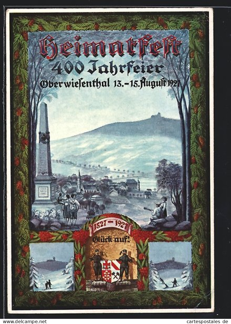 Künstler-AK Oberwiesenthal, 400 Jahrfeier Und Heimatfest 1927, Bergmannsgruss Und Wappen  - Oberwiesenthal