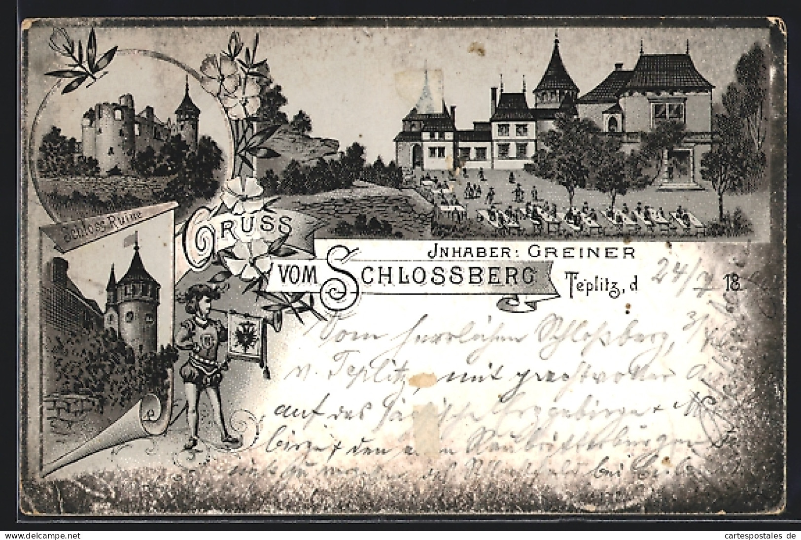Vorläufer-Lithographie Teplitz, 1894, Gasthaus Auf Dem Schlossberg Von Greiner, Ruine  - Tchéquie