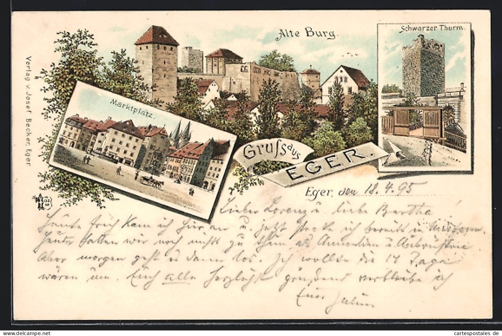 Vorläufer-Lithographie Eger, 1895, Marktplatz, Schwarzer Thurm, Alte Burg  - Tchéquie