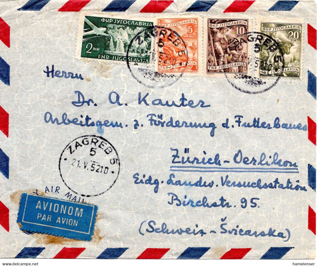 76525 - Jugoslawien - 1952 - 20Din Landwirtschaft MiF A LpBf ZAGREB -> Schweiz, Rs Klappe Fehlt - Cartas & Documentos