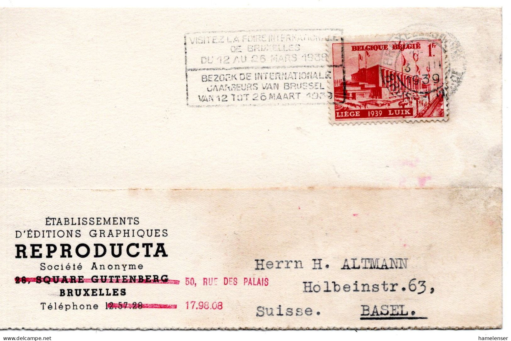76526 - Belgien - 1939 - 1F Messe Luettich EF A Kte BRUXELLES - ... -> Schweiz - Lettres & Documents