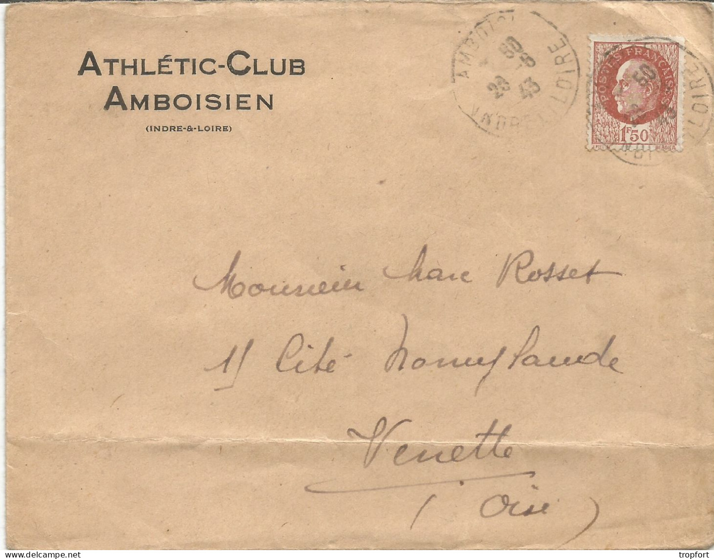 Rare Football Enveloppe Publicitaire 1945  ATHLETIC CLUB AMBOISIEN Amboise Indre Et Loire - Visitekaartjes