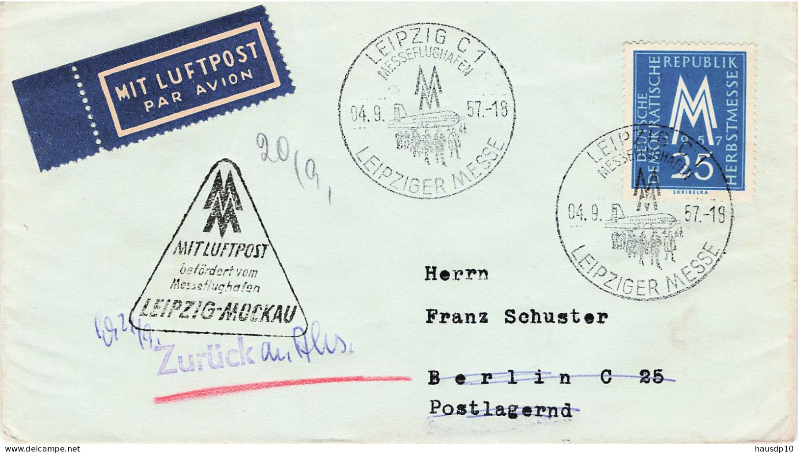 DDR Brief Luftpost Leipzig Muckau 1957 + Zurück An Absender - Postlagernd - Luftpost