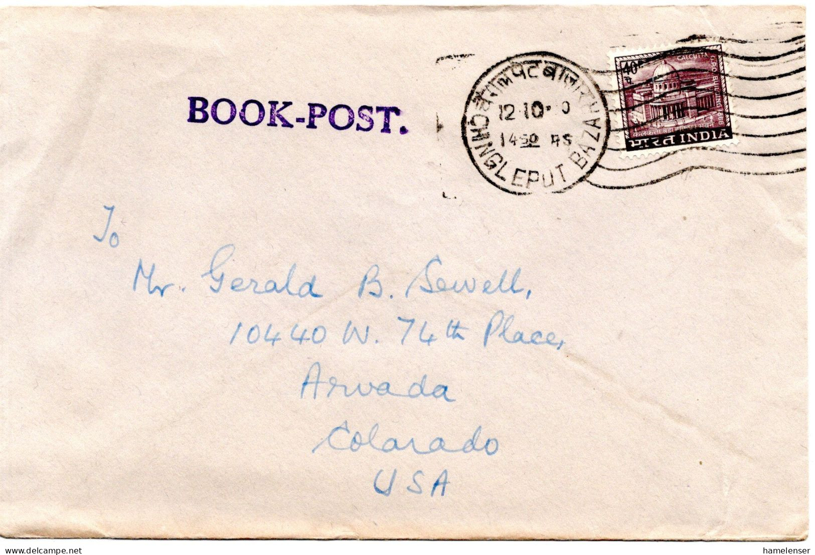 76529 - Indien - 1970 - 40P. Postamt Calcutta EF A DrucksBf CHINGLEPOST BAZAR -> Arvada, CO (USA) - Lettres & Documents