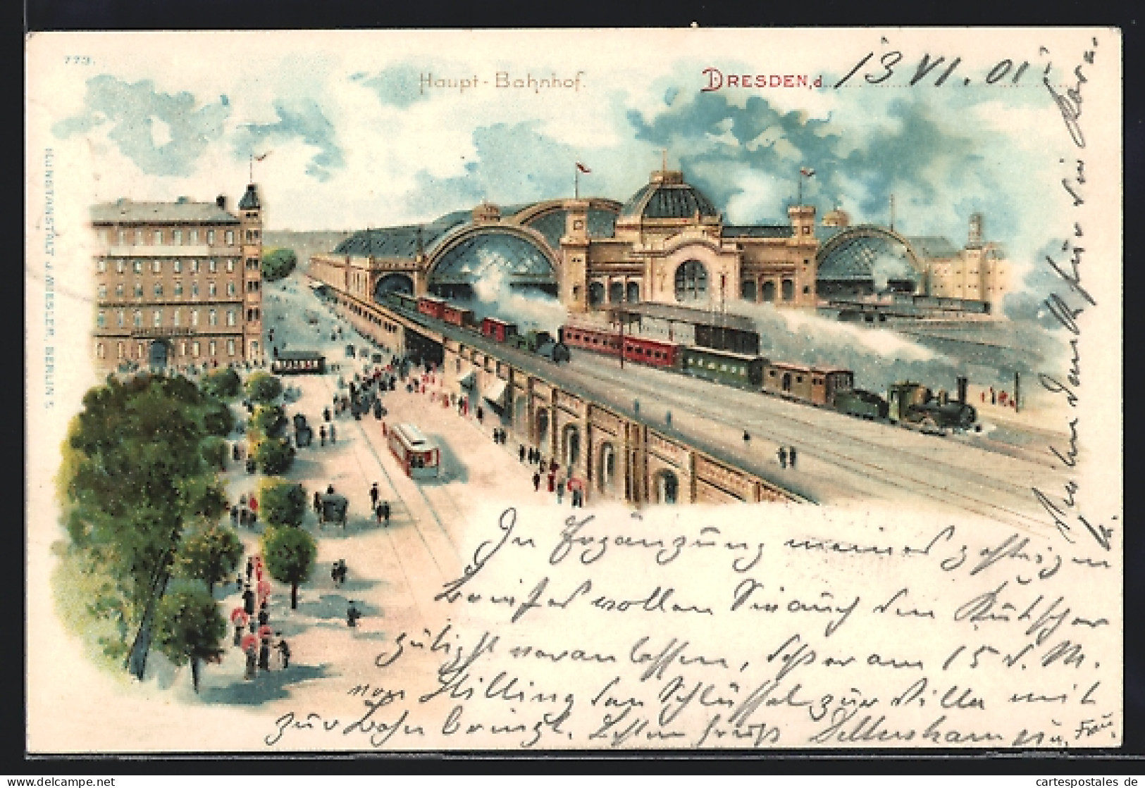 Lithographie Dresden, Haupt-Bahnhof Mit Strassenbahn  - Dresden