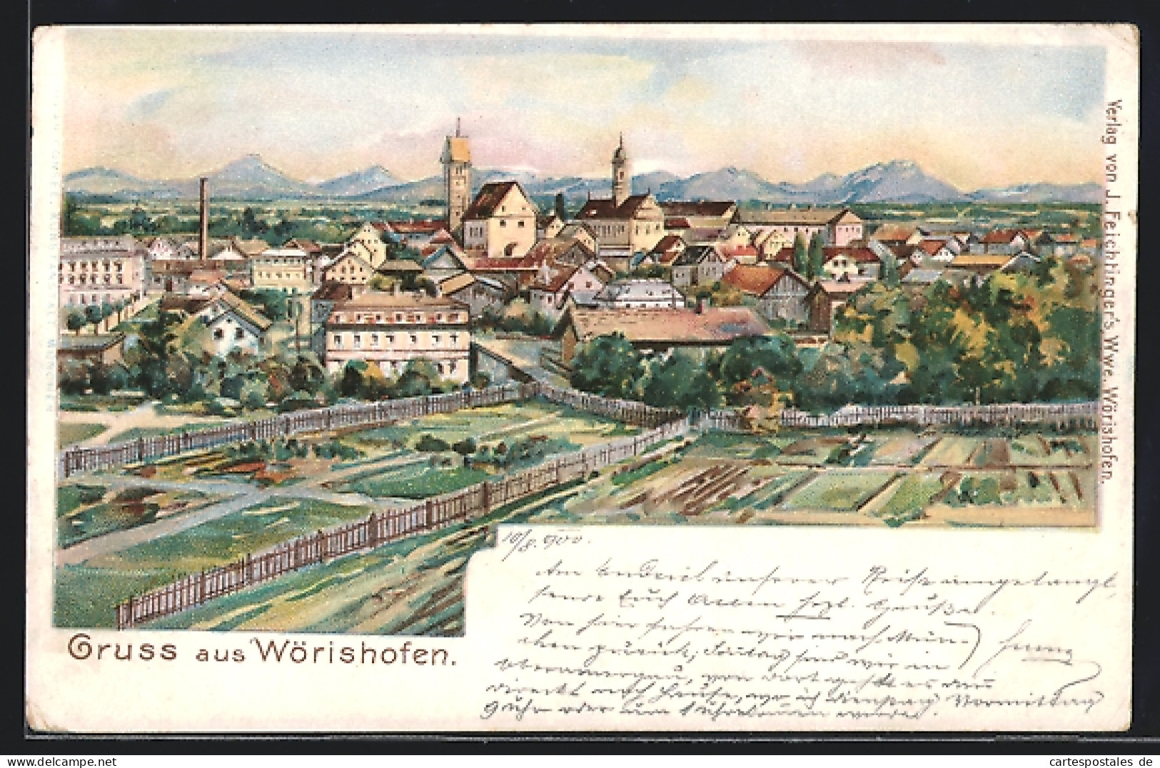 Lithographie Wörishofen, Totalansicht  - Bad Woerishofen