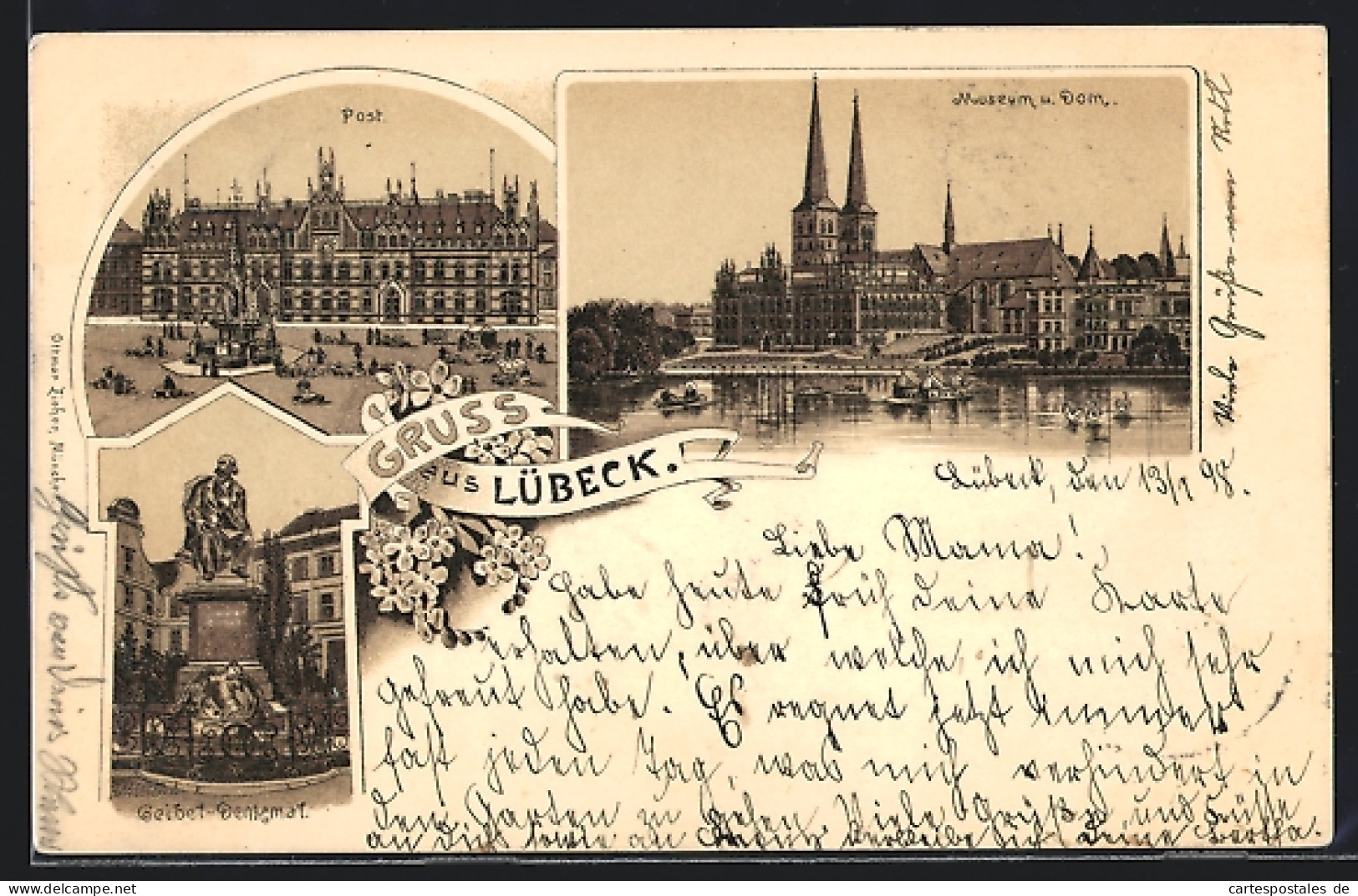 Lithographie Lübeck, Post. Geibel-Denkmal, Museum Und Dom  - Lübeck