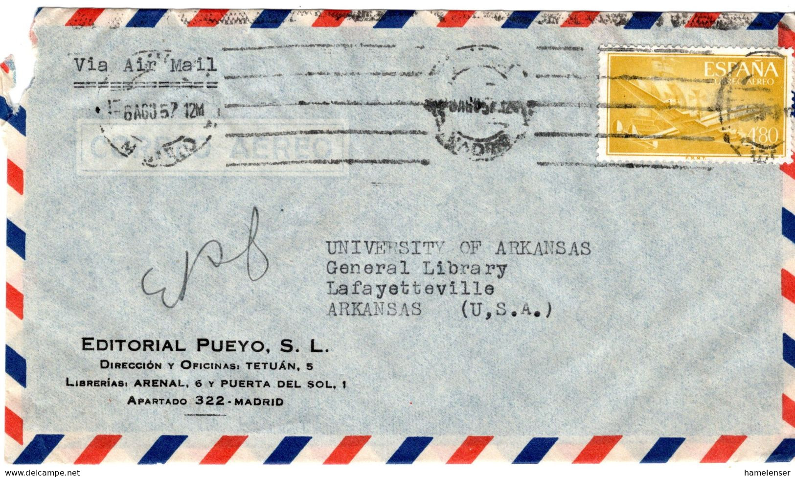 76530 - Spanien - 1957 - 4,80Ptas Luftpost EF A LpBf MADRID -> Lafayetteville, AR (USA) - Storia Postale