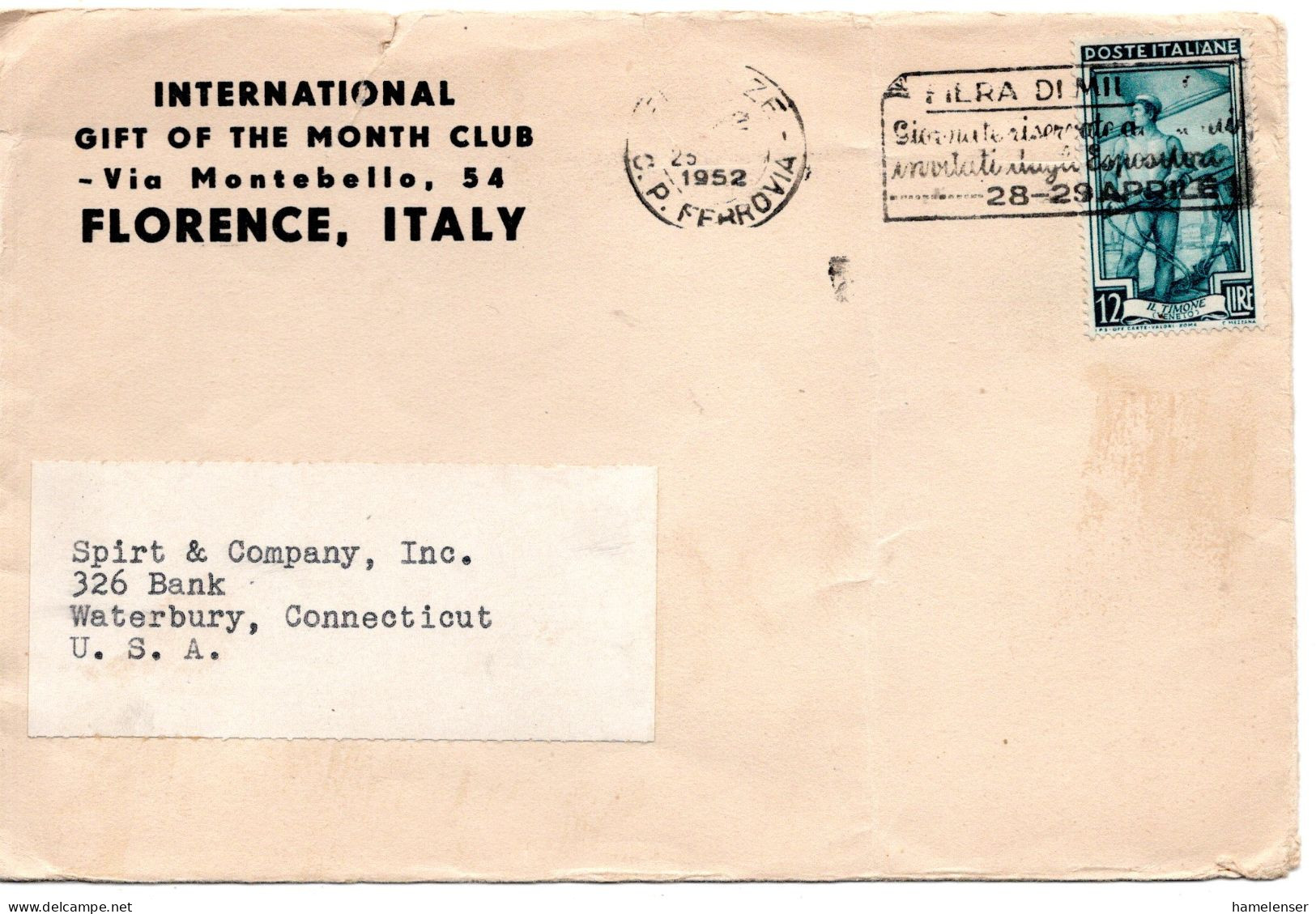 76533 - Italien - 1952 - 12L Arbeit EF A DrucksBf (senkr Bug) FIRENZE - ... -> Waterbury, CT (USA) - 1946-60: Poststempel