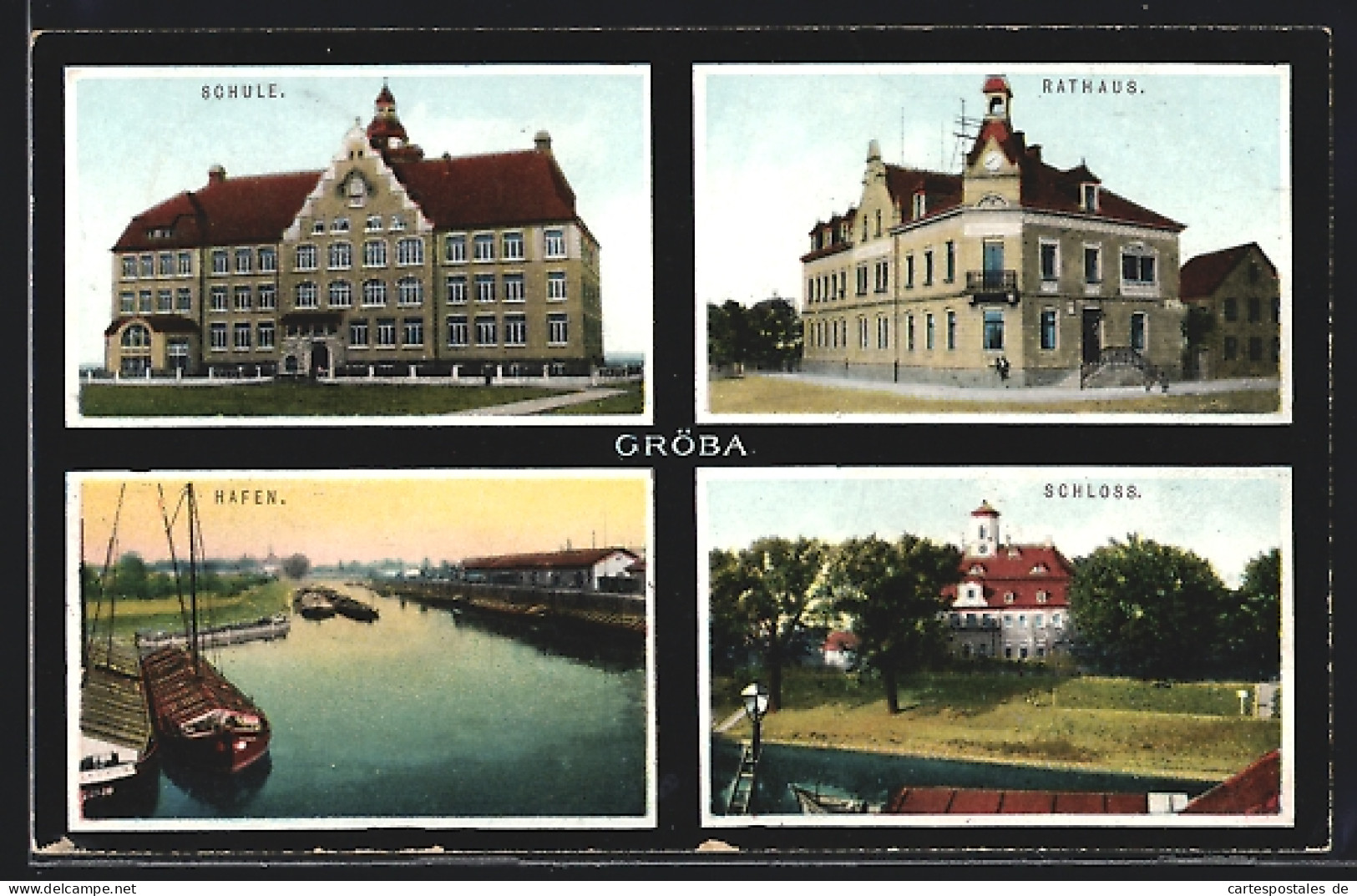 AK Gröba / Riesa, Hafen, Rathaus, Schule, Schloss  - Riesa