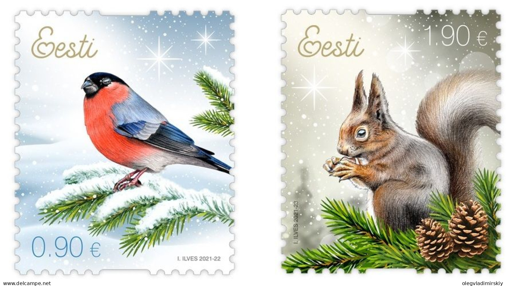 Estonia Estland Estonie 2021 Christmas Bullfinch And Squirrel Bird Set Of 2 Stamps MNH - Rodents