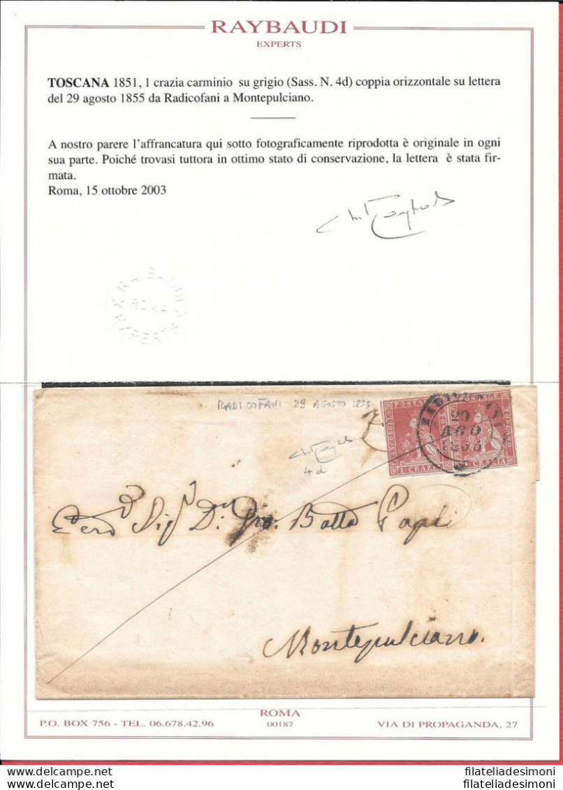 1851-52 Toscana, N° 4d 1 Crazia Coppia Su Lettera Certificato Raybaudi - Tuscany