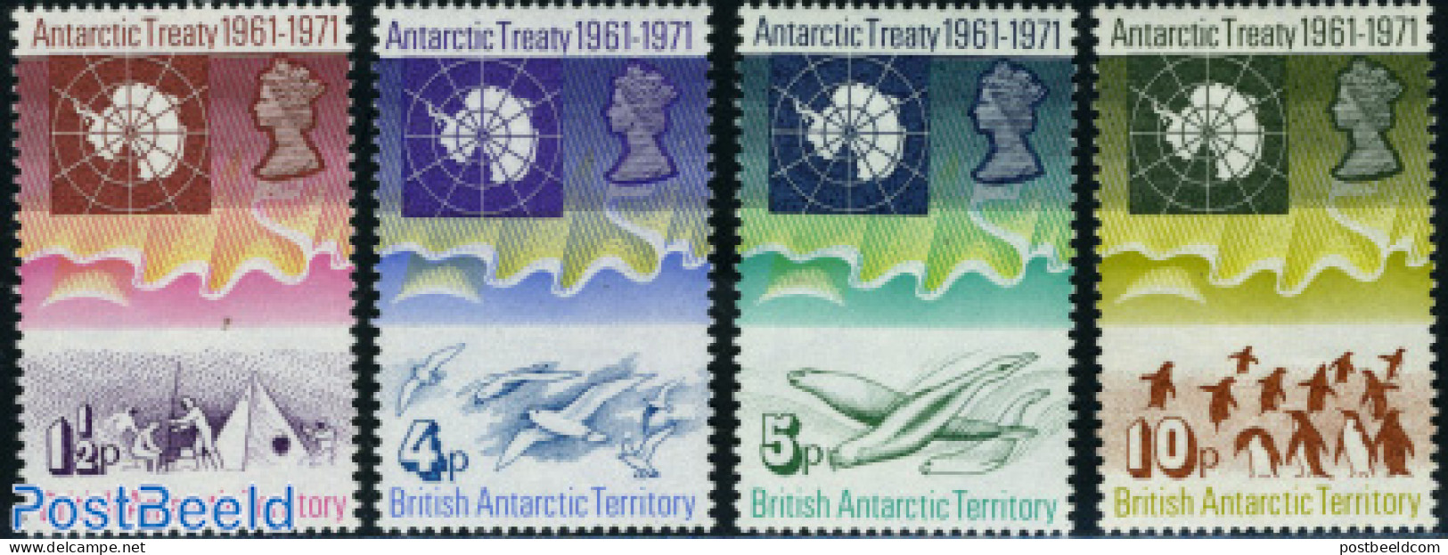 British Antarctica 1971 Antarctic Treaty 4v, Unused (hinged), Nature - Science - Various - Birds - Penguins - Sea Mamm.. - Geography