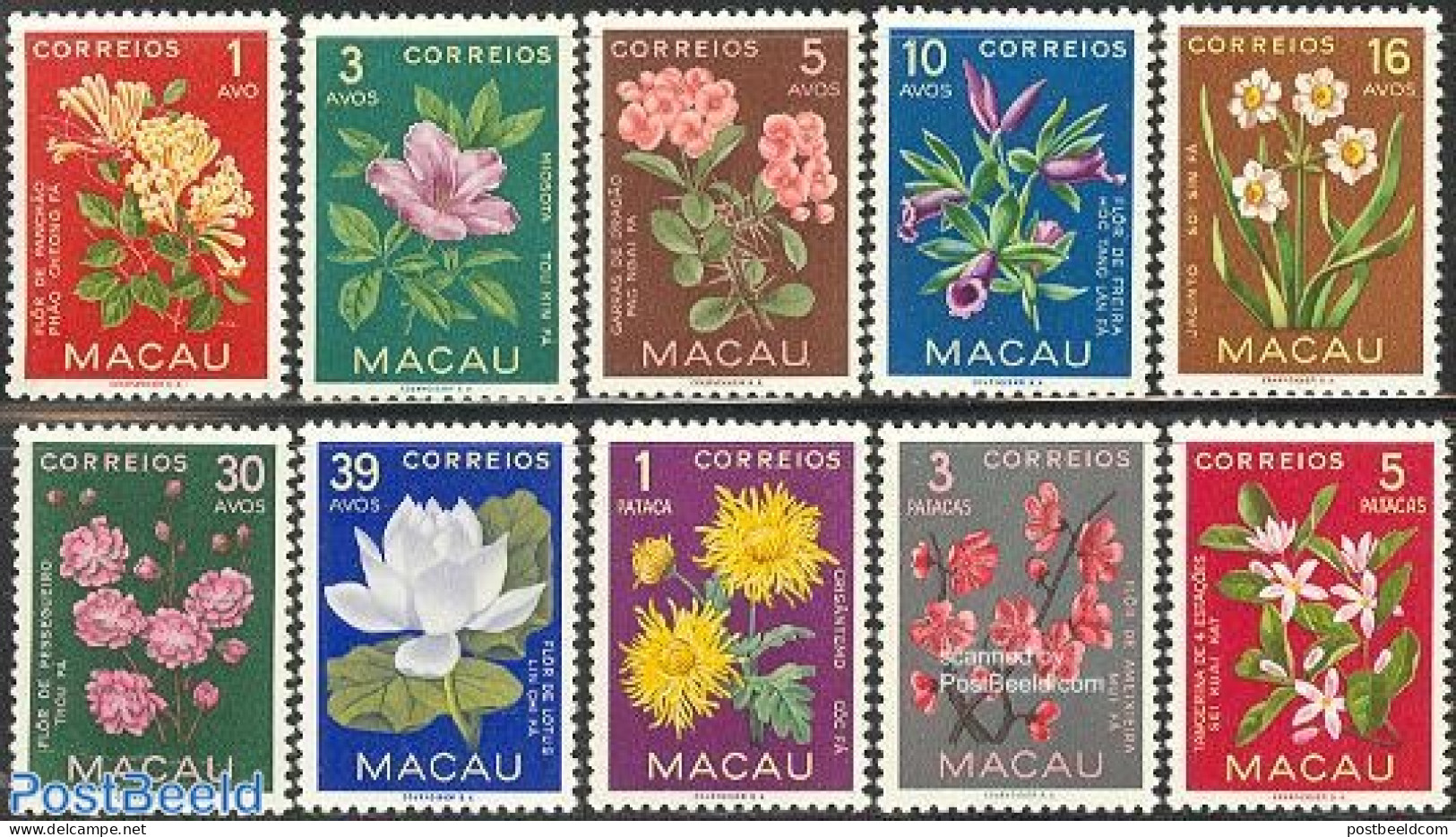 Macao 1953 Flowers 10v, Mint NH, Nature - Flowers & Plants - Ungebraucht
