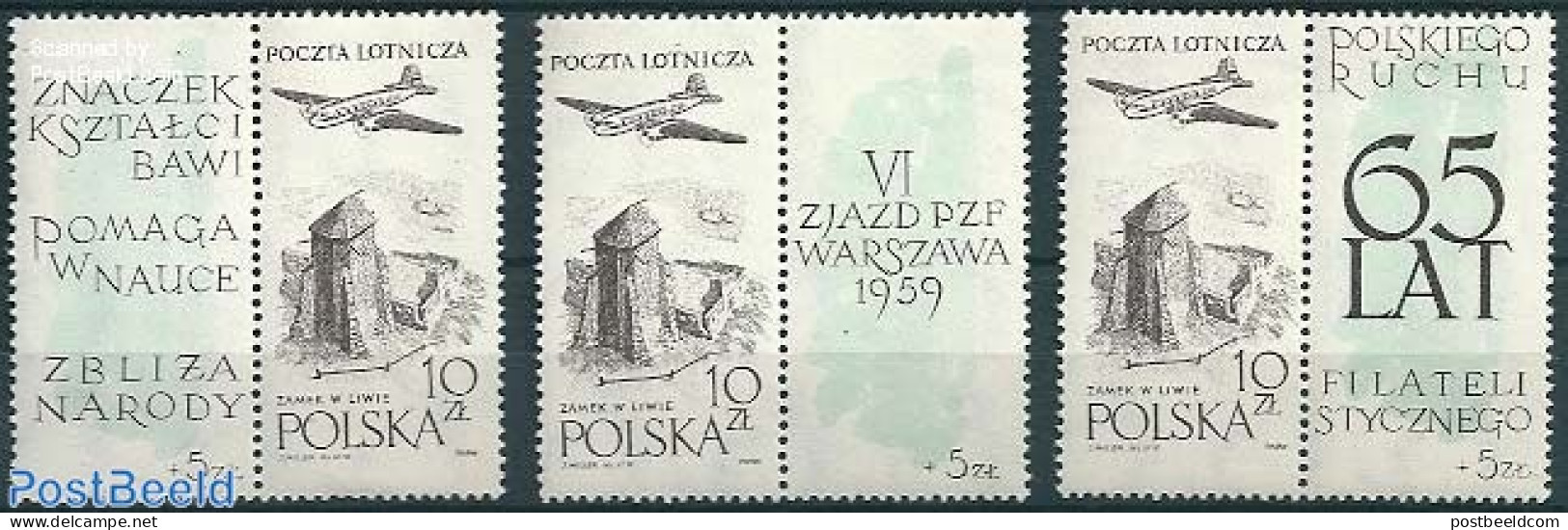 Poland 1959 Airmail With Different Tabs 3v, Mint NH, Transport - Aircraft & Aviation - Art - Castles & Fortifications - Neufs