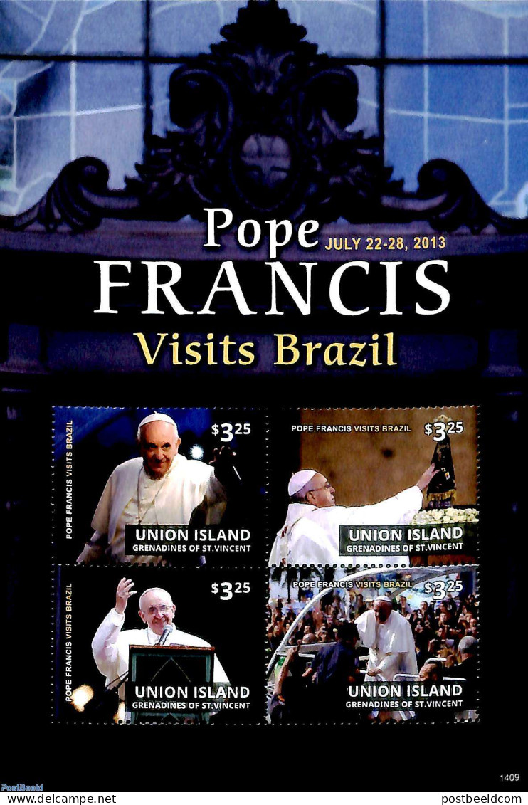 Saint Vincent & The Grenadines 2014 Union Island, Pope Francis 4v M/s, Mint NH, Religion - Pope - Religion - Papes