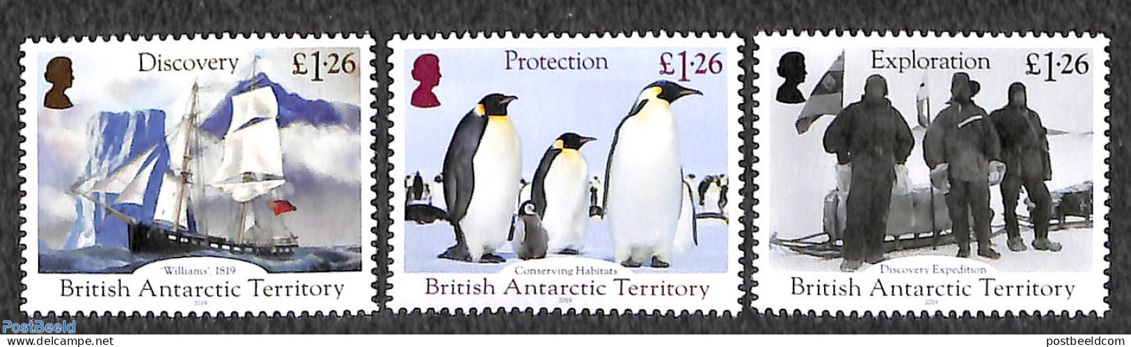 British Antarctica 2019 Discovery, Exploration, Protection 3v, Mint NH, History - Nature - Science - Transport - Explo.. - Esploratori