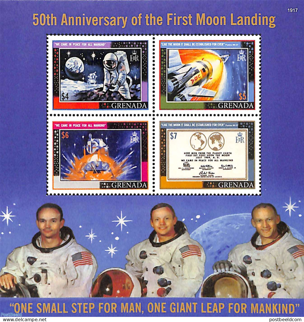 Grenada 2019 Moonlanding 4v M/s, Mint NH, Transport - Stamps On Stamps - Space Exploration - Briefmarken Auf Briefmarken