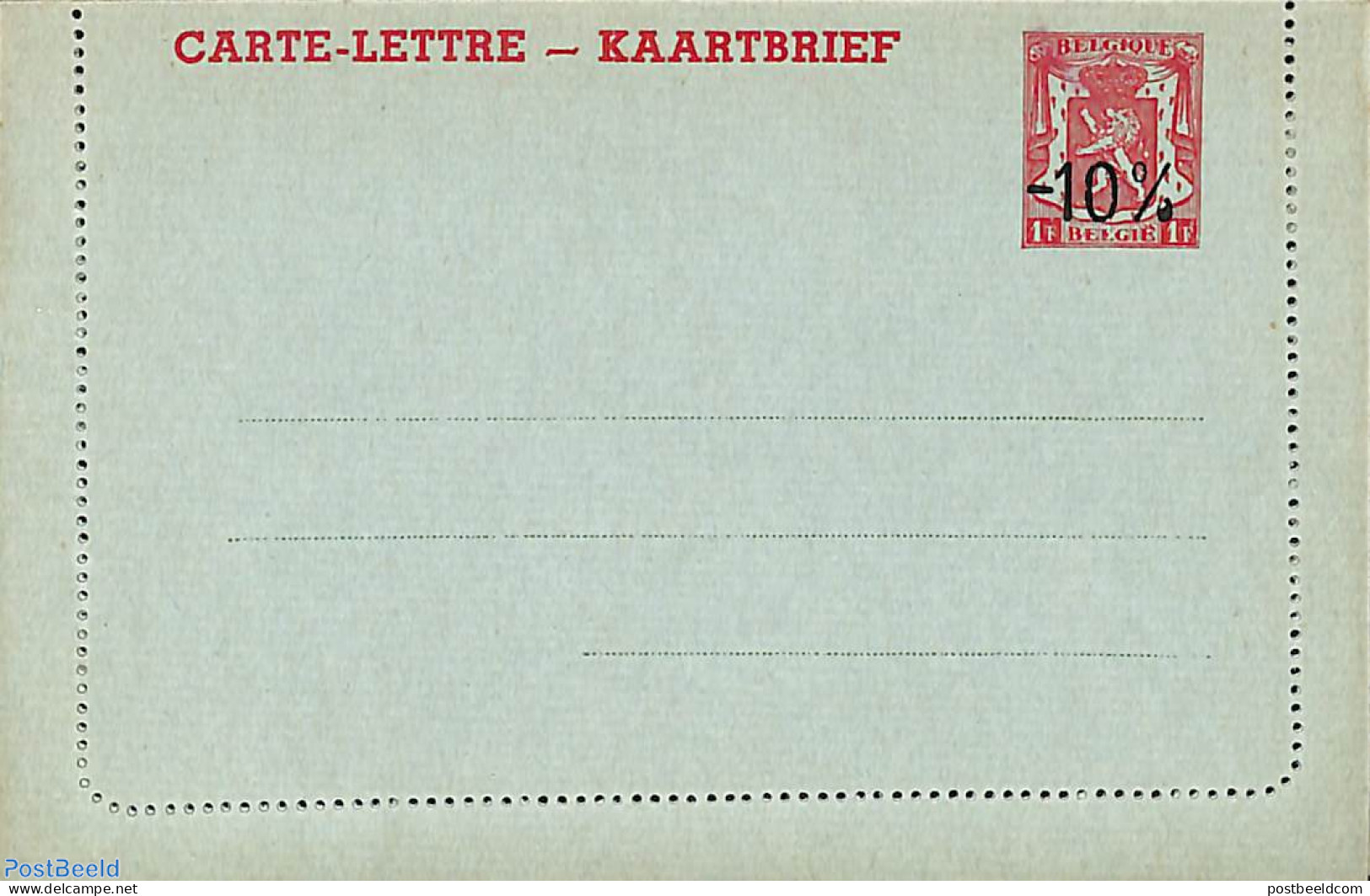 Belgium 1948 Card Letter 1fr -10%, Blue Cardboard, Unused Postal Stationary - Lettres & Documents