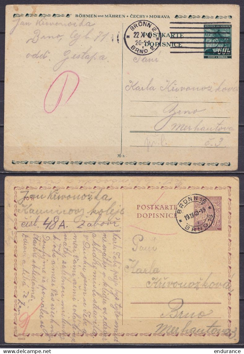 Bohême Moravie - 2 EP CP De BRNO 1940 D'un Même Détenu Dans Deux Prisons Différentes : Prison De KAUNICOVYCH KOLESI (19. - Storia Postale