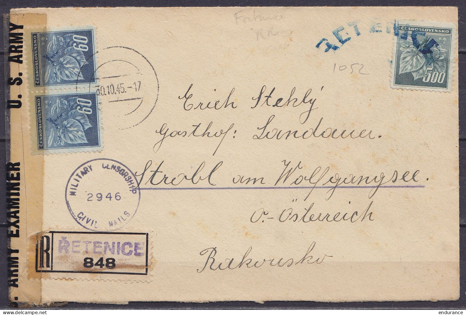 Tchécolslovaquie - L. Recommandée Affr. 6K20 Oblit Fortune RETENICE /30.10.1945 Pour STROBL Am WOLFGANGSEE Autriche - Ba - Covers & Documents