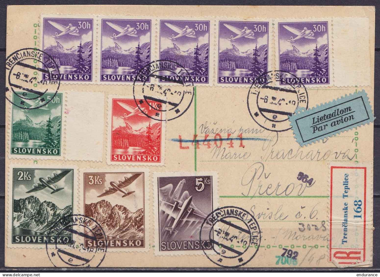 Slovaquie - Carte Par Avion En Recommandée Affr. 13Ks (poste Aérienne) Càpt TRENCIANSKE TEPLICE /-6.VIII 1942 Pour PRERO - Cartas & Documentos